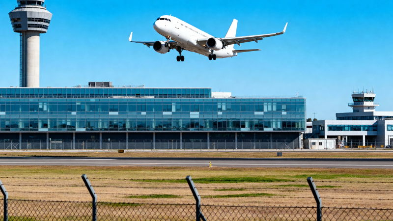 飞机降落 机场塔台清晰可见图片