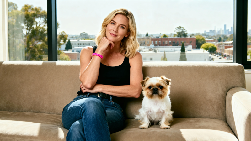 女子与狗坐沙发 窗外城市景图片