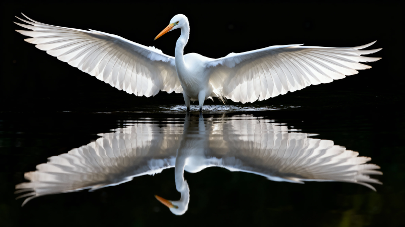 白鹭展翅 水镜双影图片