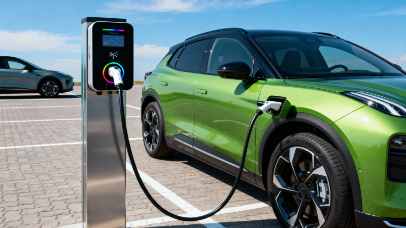 绿车充电中 桩显多彩环图片