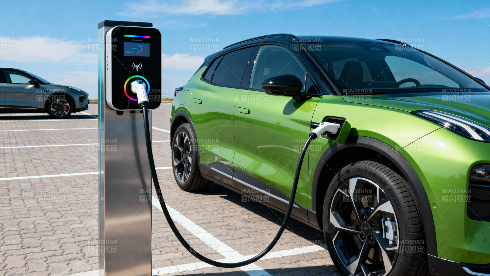 绿车充电中 桩显多彩环图片