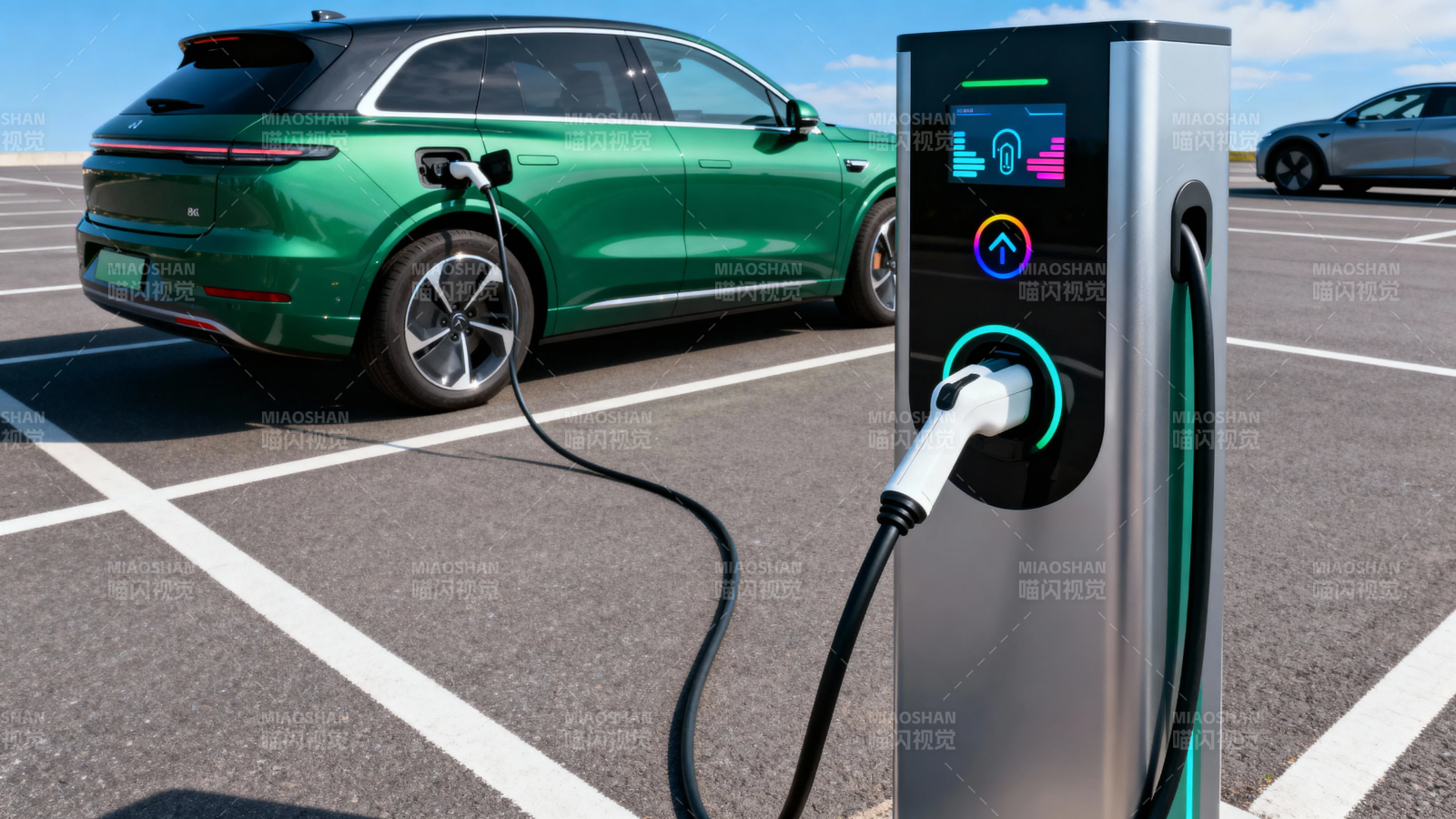 绿色电动车充电中图片