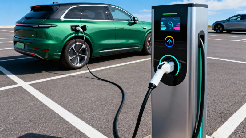 绿色电动车充电中图片