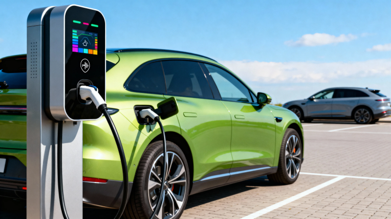 绿车充电中 蓝天停车场图片