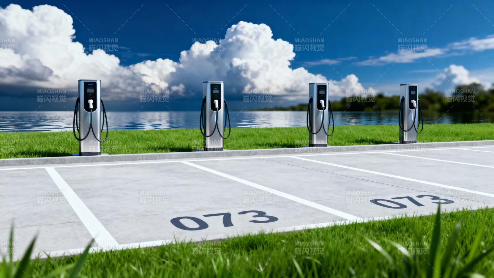 湖畔充电桩 绿色出行新风景图片