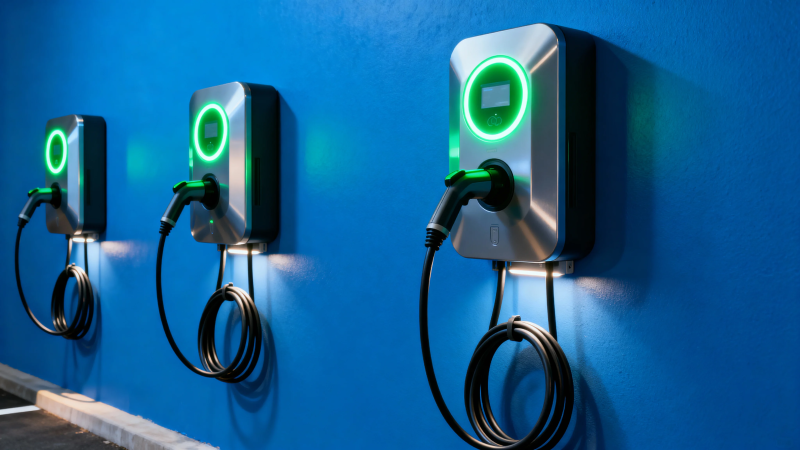 蓝色墙上的绿色充电桩图片