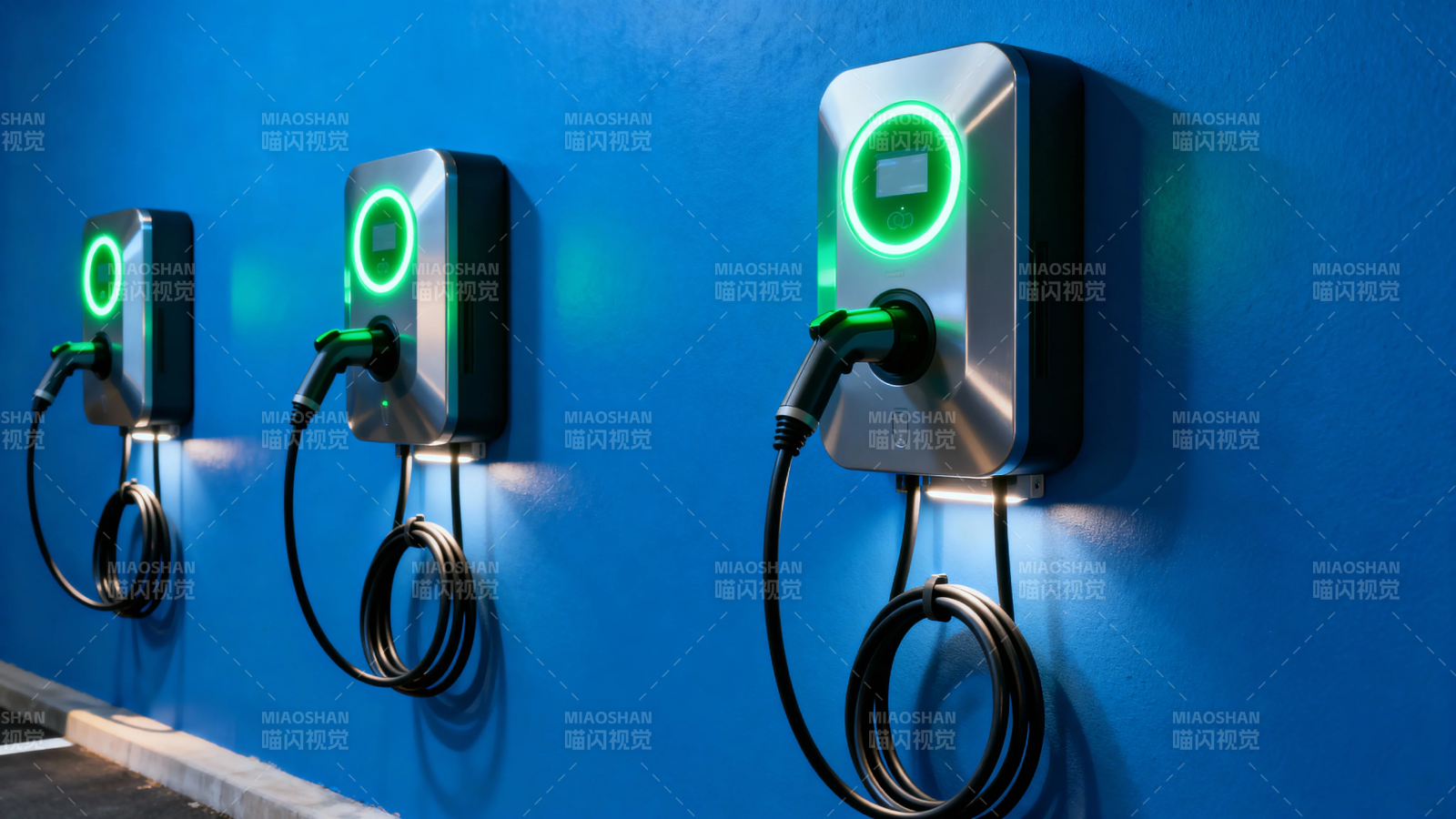 蓝色墙上的绿色充电桩图片