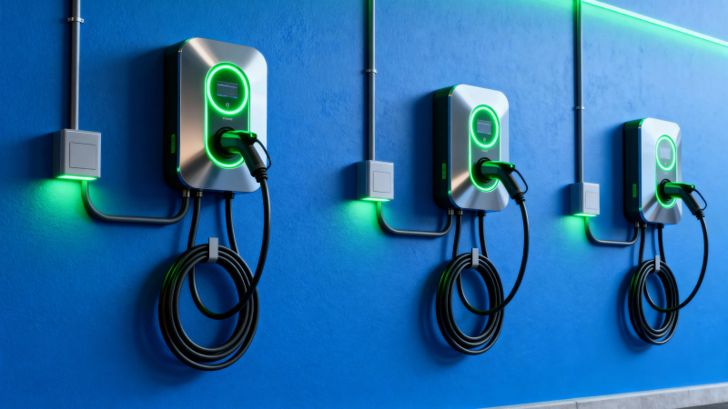 蓝墙绿光充电桩阵列图片