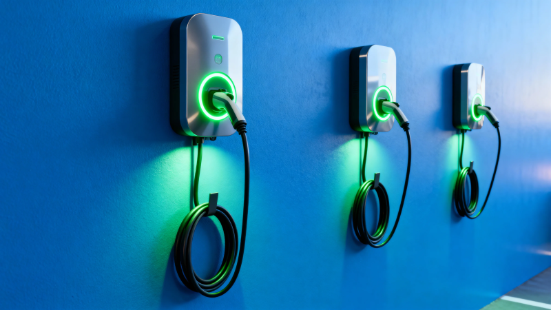 蓝墙绿光充电桩三联排图片