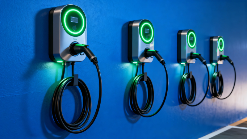 蓝色墙上的绿色充电桩图片