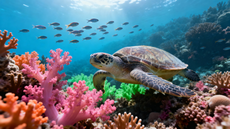 海龟游弋珊瑚礁间图片