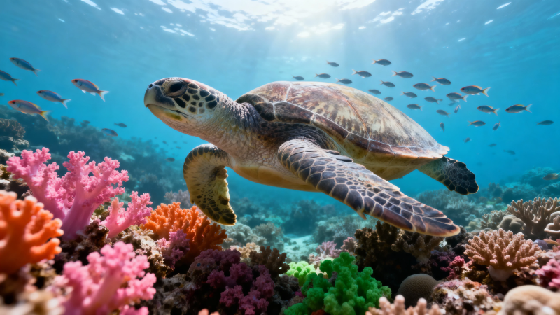 海龟游弋珊瑚间图片