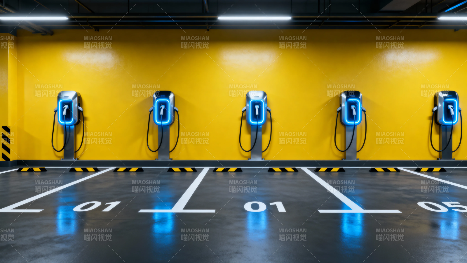 黄色墙前充电桩排列整齐图片