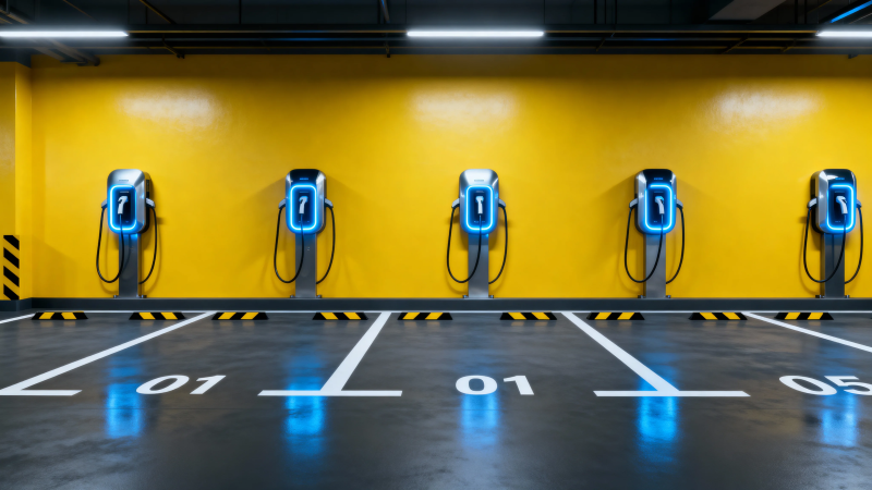 黄色墙前充电桩排列整齐图片