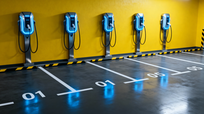 黄色墙边五台蓝色充电桩图片