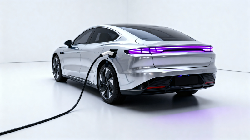 银色电车充电中 紫光尾灯炫目图片