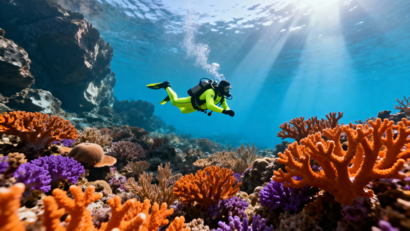 潜水员探秘五彩珊瑚海图片