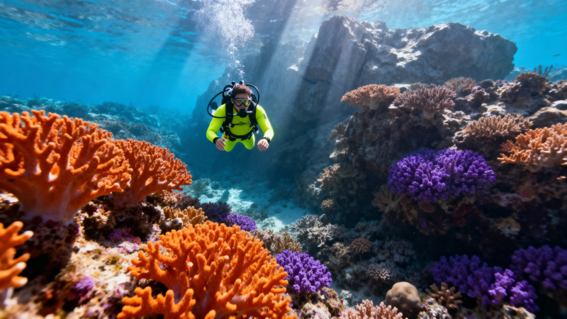 潜水员探秘五彩珊瑚礁图片
