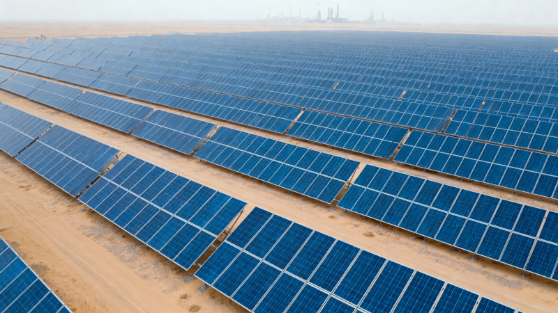 沙漠光伏阵列 远景城市轮廓图片