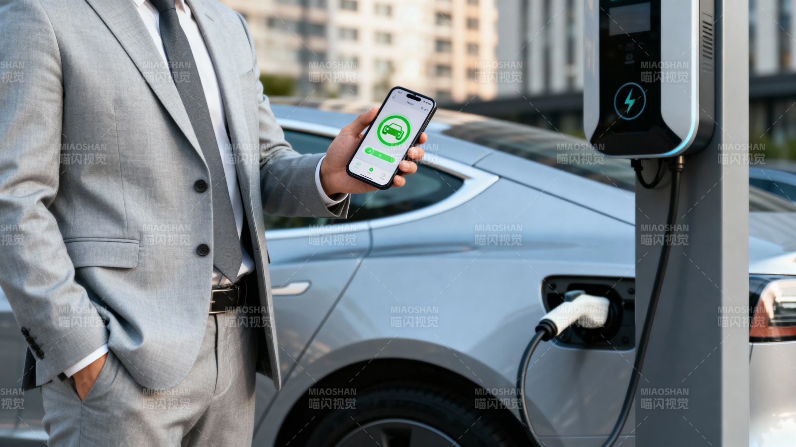 西装男手机控电动车充电图片