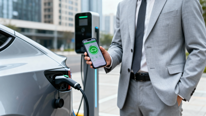 西装男手机控电车充电图片