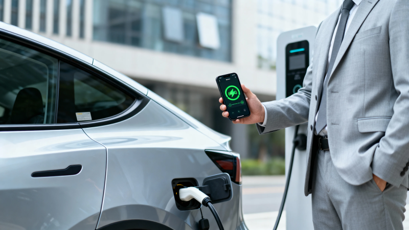 西装男手机控电动车充电图片