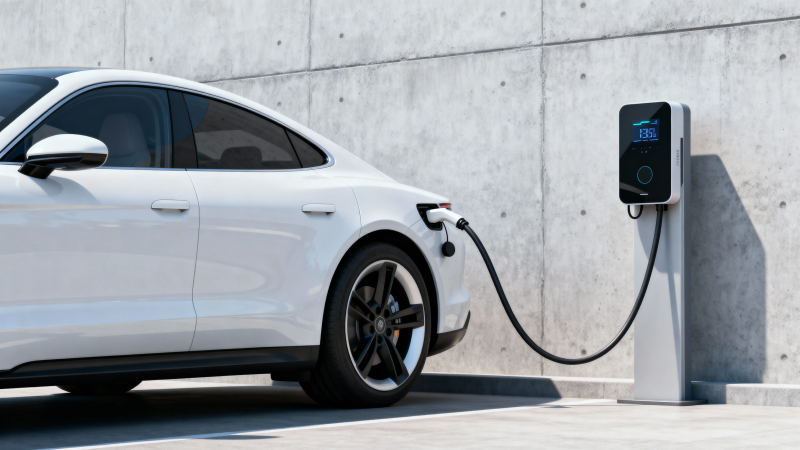 白色电动车充电中图片