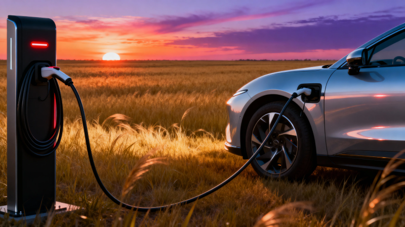 夕阳下电动车充电中图片