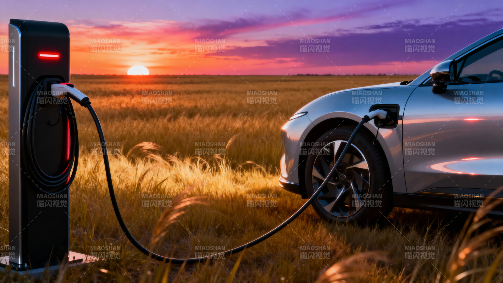 夕阳下电动车充电中图片