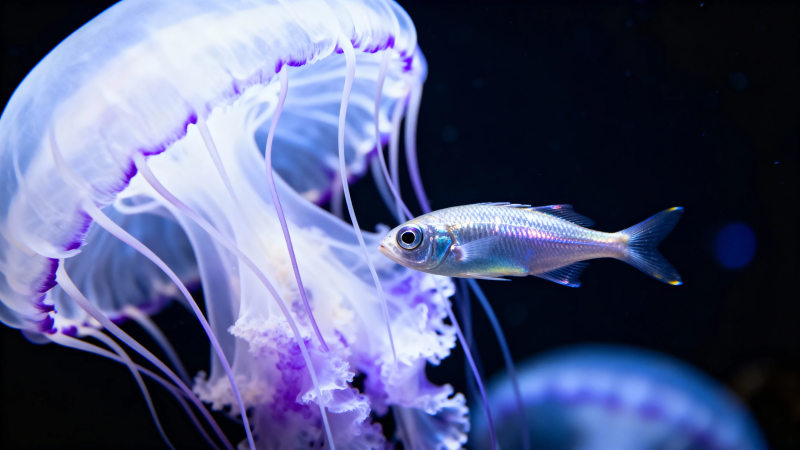 水母与小鱼共舞深蓝图片