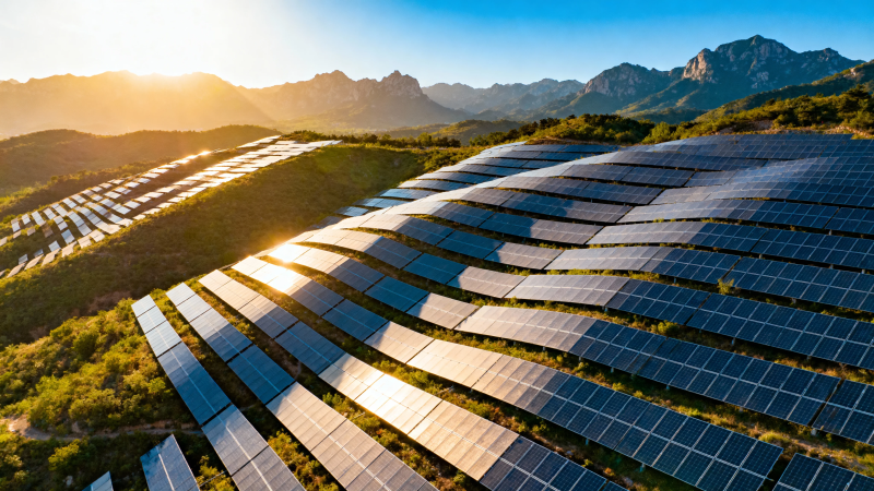 山间光伏阵列迎朝阳图片