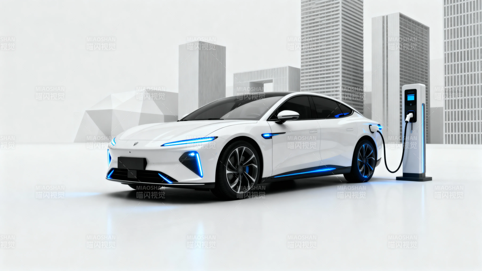 白色电动车充电中 城市背景图片
