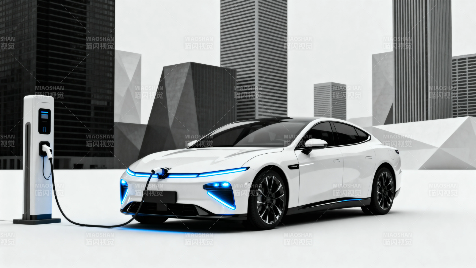 白色电动车城市充电中图片