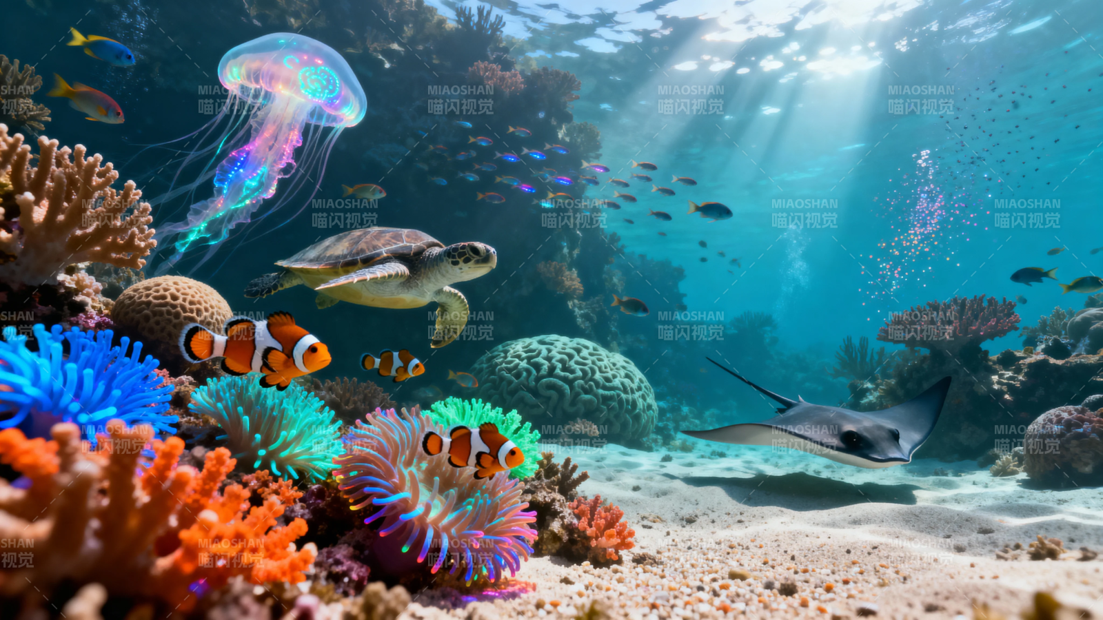 海底世界 珊瑚鱼龟水母共舞图片