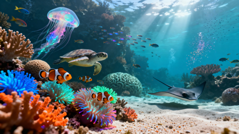 海底世界 珊瑚鱼龟水母共舞图片