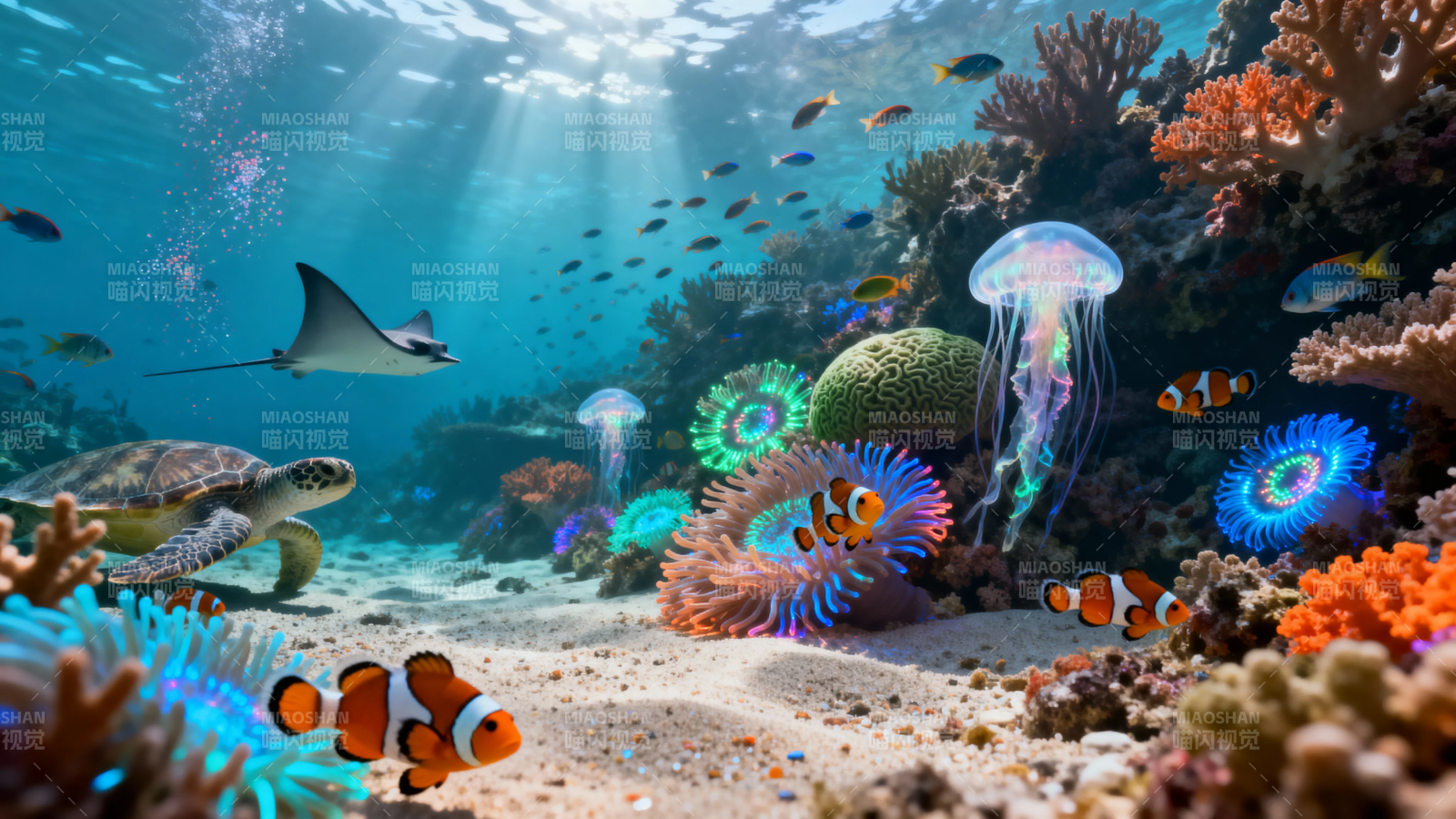 海底世界 珊瑚鱼龟水母共舞图片
