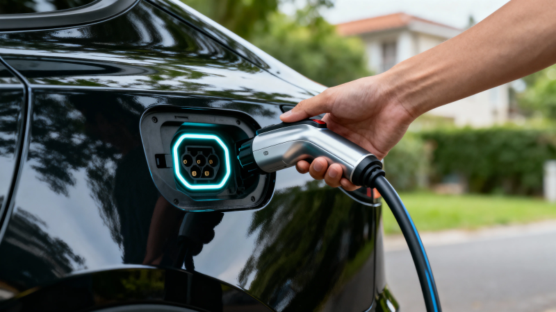 电动车充电中 手插枪头图片