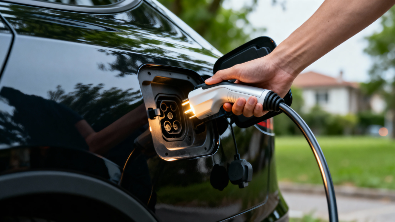 电动车充电中 手握插头特写图片