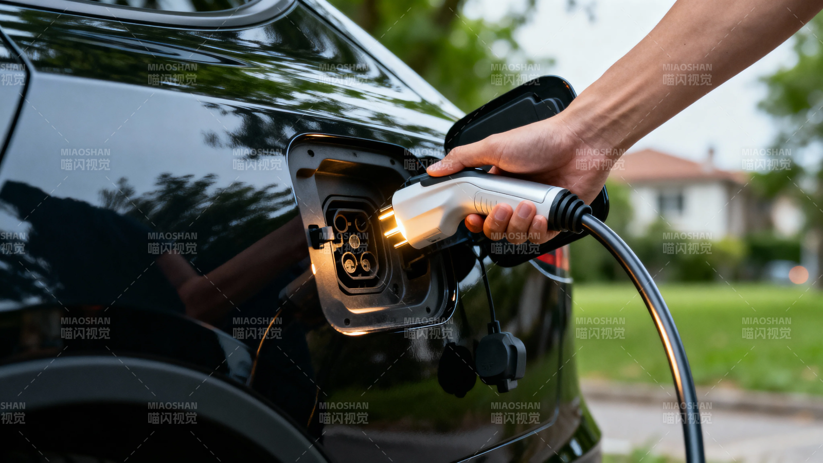 电动车充电中 手握插头特写图片