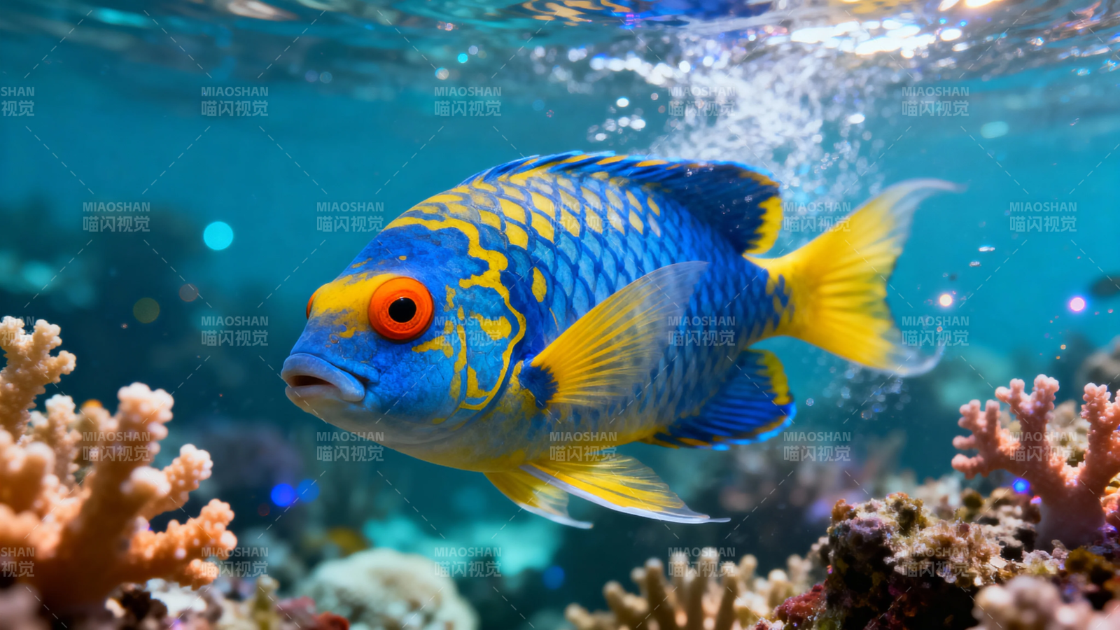 蓝黄鱼游珊瑚间图片