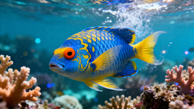 蓝黄鱼游珊瑚间图片