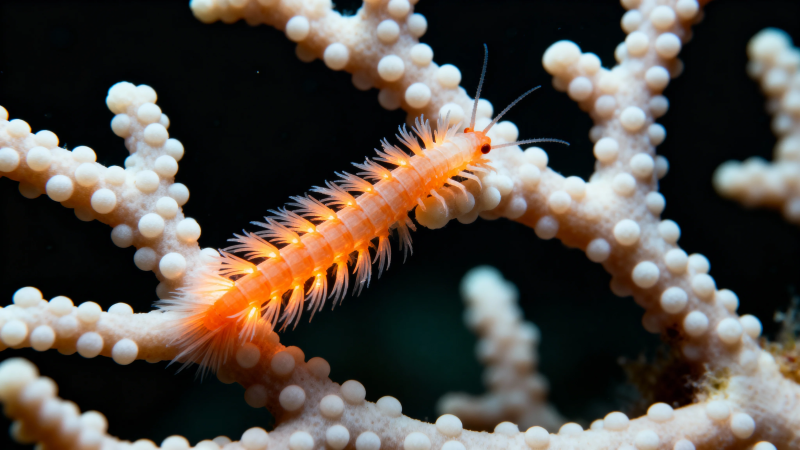 橙毛虫栖白珊瑚枝上图片