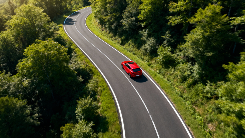 红车蜿蜒绿林间图片