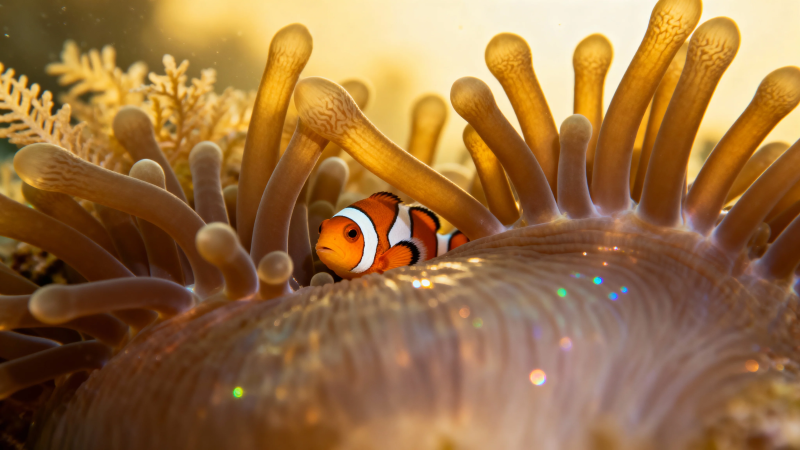 小丑鱼藏身海葵中图片