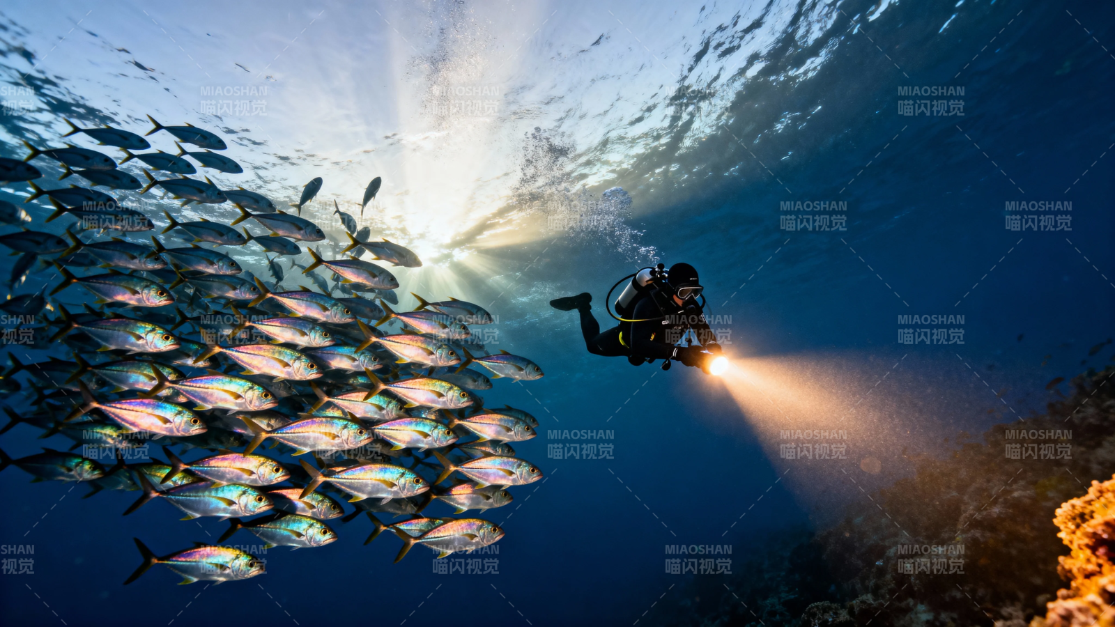 潜水员探鱼群 光束穿深海图片