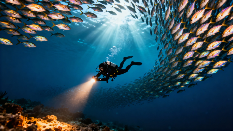 潜水员与鱼群共舞海底图片