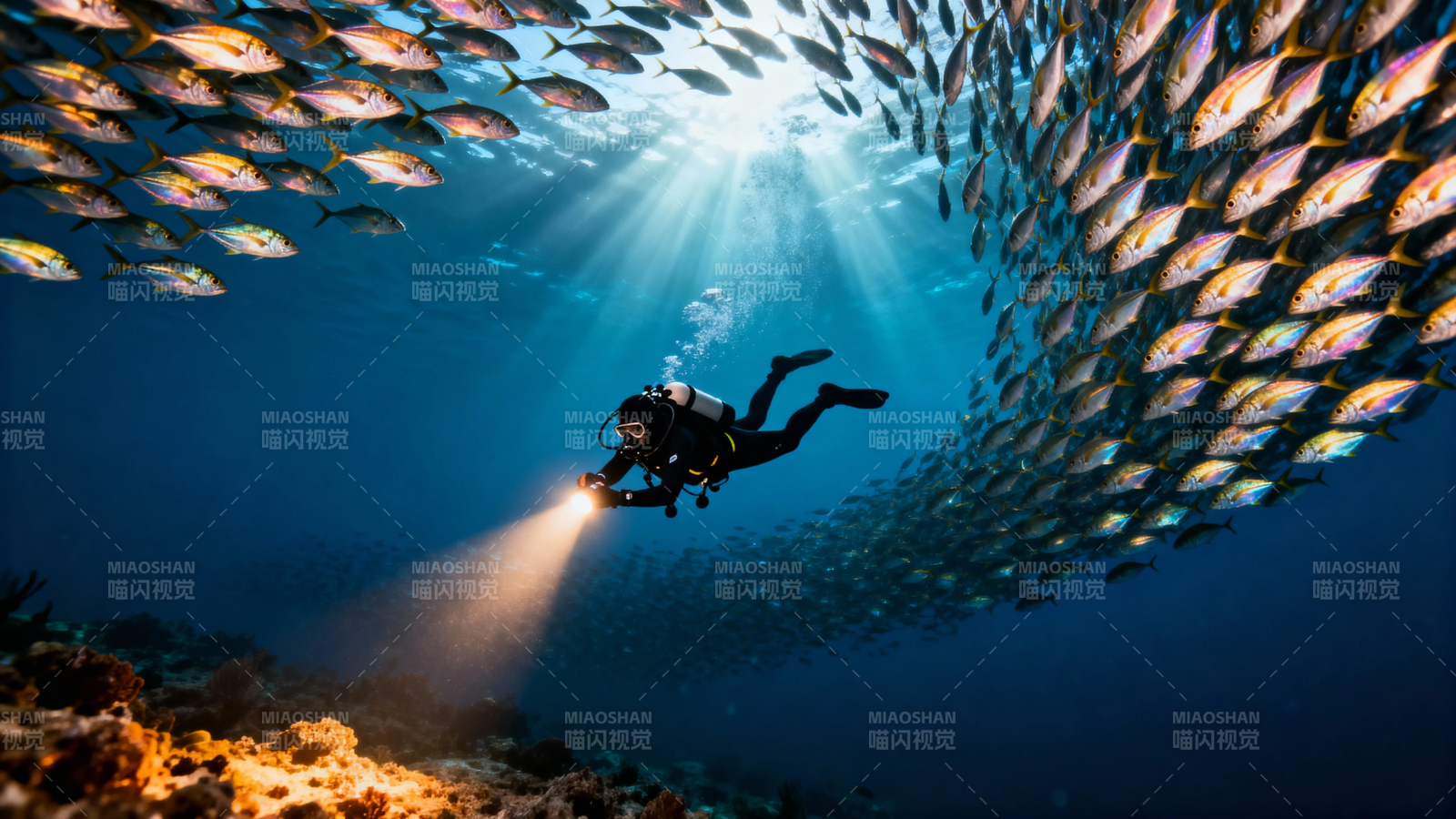 潜水员与鱼群共舞海底图片