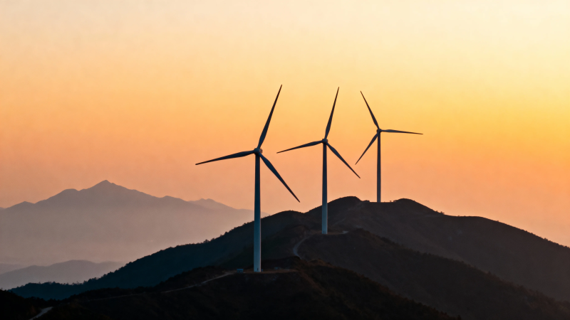 山巅风车映晚霞图片