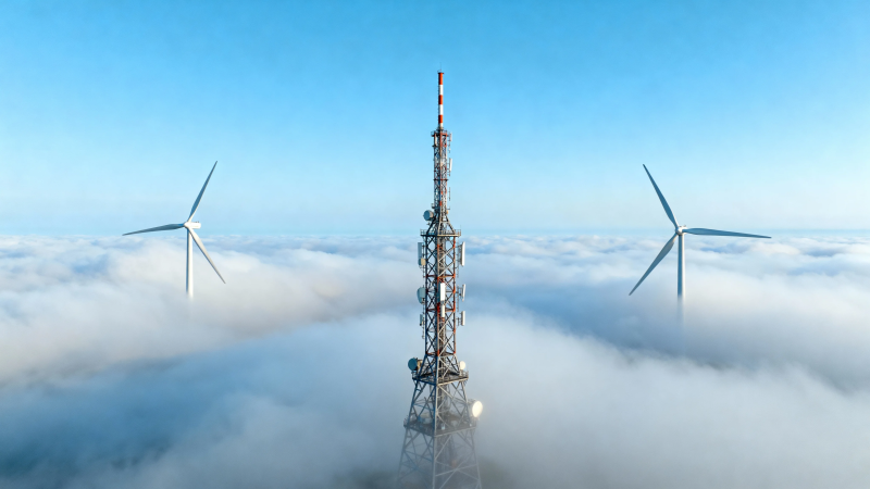 云海之上的风能与通信塔图片