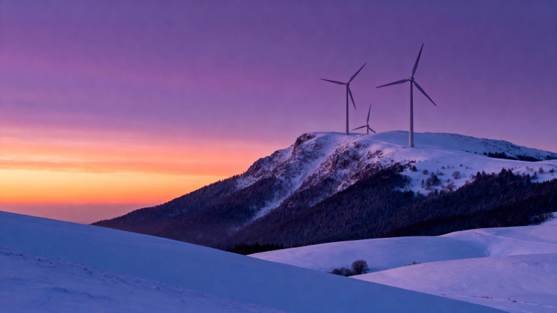 雪山顶上风机迎晚霞图片